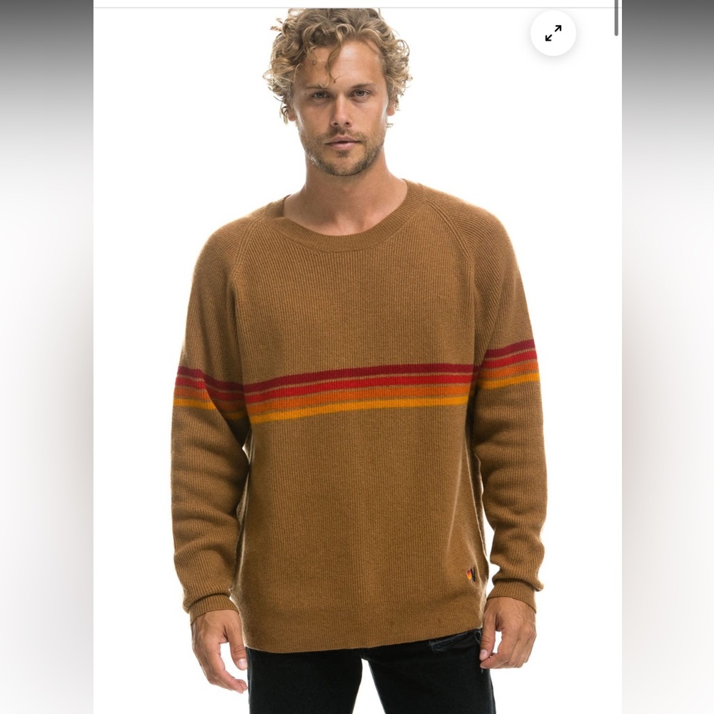 76-$449 NWT Aviator Nation RAINBOW STRIPE UNISEX CASHMERE SWEATER BUTTERSCOTCH - Picture 2 of 7